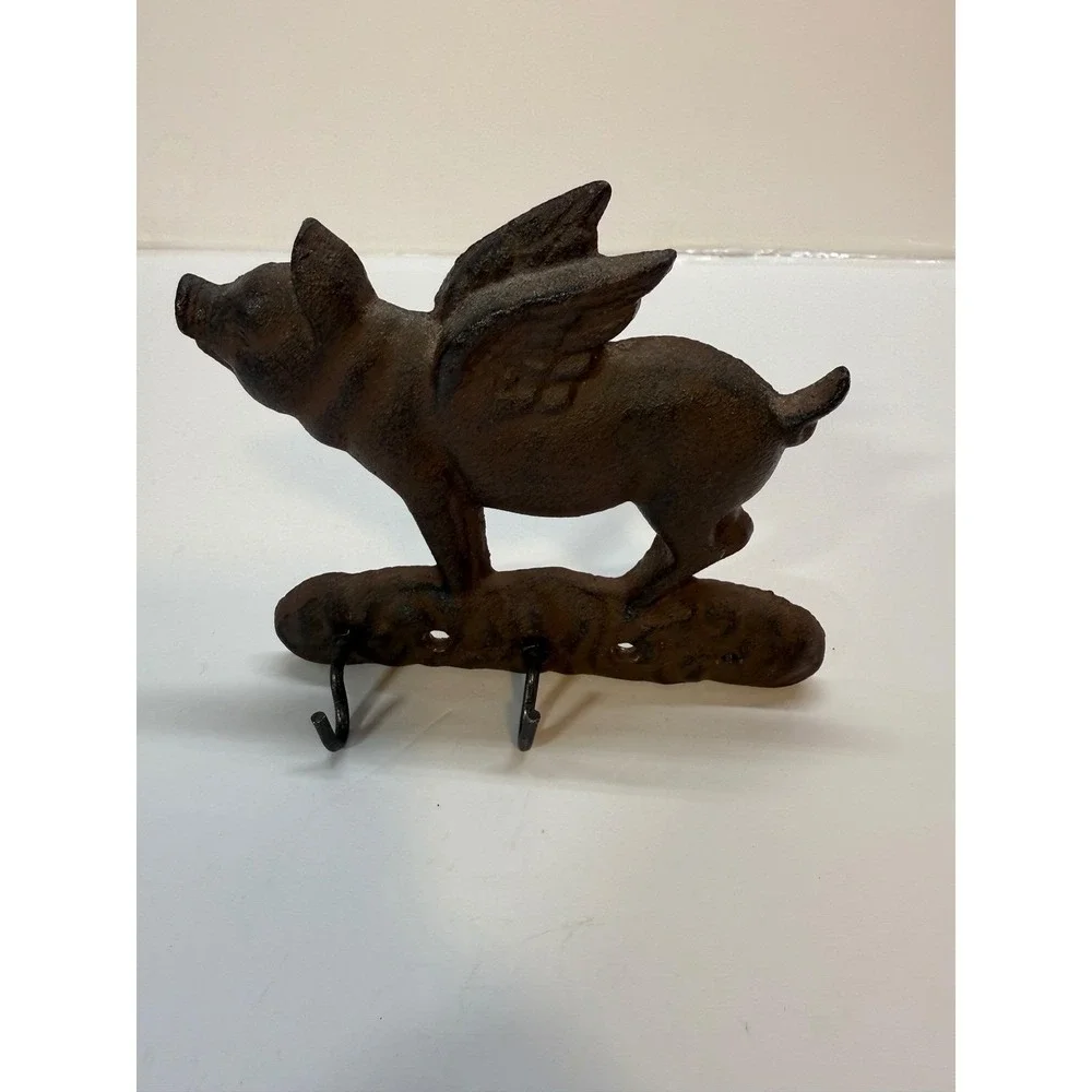 Cast‎ Iron Flying Pig Wall Hook Rack Rustic Brown Farmhouse Decor 2 Hooks 6.5in